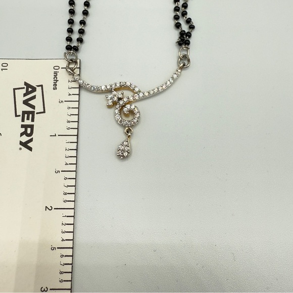 Dainty Necklace with Black Beaded Chain and CZ studded Asymmetrical Pendant - Picture 12 of 13